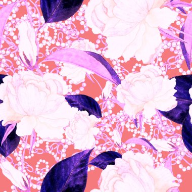 Çiçekler, yapraklar ve zincirlerle suluboya desenli, her amaçla yapılmış harika bir tasarım. Zarif çiçek desenli. Klasik yaz ya da bahar yüzey tasarımı. Moda tekstil dekorasyonu.