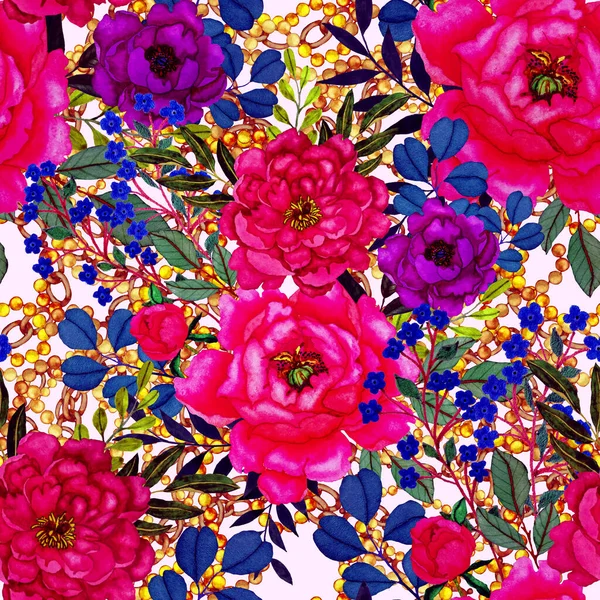 Retro Akvarell Sömlös Mönster Med Blommor Blad Och Kedjor Bra — Stockfoto