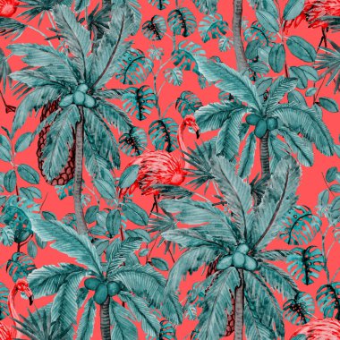 Flamingo ve palmiyeli, tropik, pürüzsüz bir desen. Suluboya çizimi. Tropik illüstrasyon. Vahşi yaşamın kusursuz bir düzeni var..