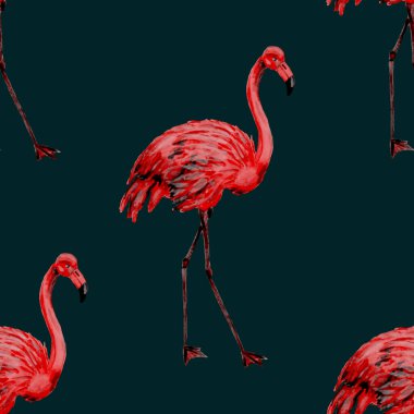 Dekorasyon tasarımı için flamingo ile harika bir suluboya deseni. Suluboya hayvani bir geçmişi var. Suluboya çizimi. Tropik illüstrasyon. Vahşi yaşamın kusursuz bir düzeni var.