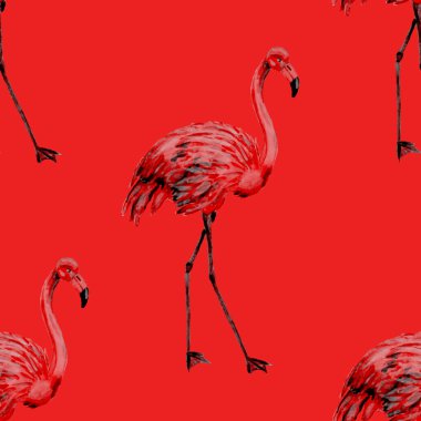 Dekorasyon tasarımı için flamingo ile harika bir suluboya deseni. Suluboya hayvani bir geçmişi var. Suluboya çizimi. Tropik illüstrasyon. Vahşi yaşamın kusursuz bir düzeni var.