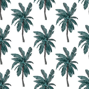 Modern tarzda palmiyeleri olan dikişsiz suluboya desen. Suluboya botanik tasarımı. Tropik renk baskısı. Egzotik tropik palmiye ağacı. Egzotik orman duvar kağıdı. Her amaç için harika bir tasarım.