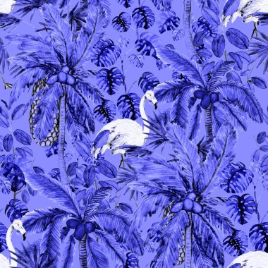 Flamingo ve palmiyeli, tropik, pürüzsüz bir desen. Suluboya çizimi. Tropik illüstrasyon. Vahşi yaşamın kusursuz bir düzeni var..
