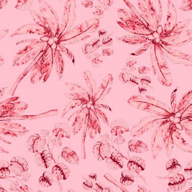 Modern tarzda palmiyeleri olan dikişsiz suluboya desen. Suluboya botanik tasarımı. Tropik renk baskısı. Egzotik tropik palmiye ağacı. Egzotik orman duvar kağıdı. Her amaç için harika bir tasarım.