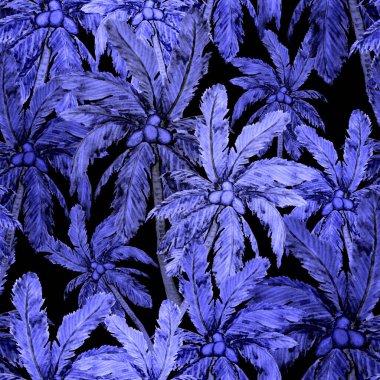 Modern tarzda palmiyeleri olan dikişsiz suluboya desen. Suluboya botanik tasarımı. Tropik renk baskısı. Egzotik tropik palmiye ağacı. Egzotik orman duvar kağıdı. Her amaç için harika bir tasarım.