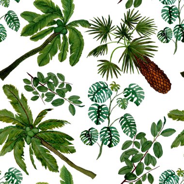 Modern tarzda palmiyeleri olan dikişsiz suluboya desen. Suluboya botanik tasarımı. Tropik renk baskısı. Egzotik tropik palmiye ağacı. Egzotik orman duvar kağıdı. Her amaç için harika bir tasarım.