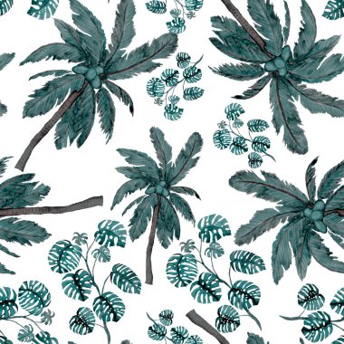 Modern tarzda palmiyeleri olan dikişsiz suluboya desen. Suluboya botanik tasarımı. Tropik renk baskısı. Egzotik tropik palmiye ağacı. Egzotik orman duvar kağıdı. Her amaç için harika bir tasarım.