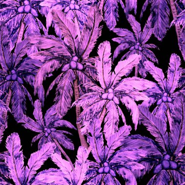 Modern tarzda palmiyeleri olan dikişsiz suluboya desen. Suluboya botanik tasarımı. Tropik renk baskısı. Egzotik tropik palmiye ağacı. Egzotik orman duvar kağıdı. Her amaç için harika bir tasarım.