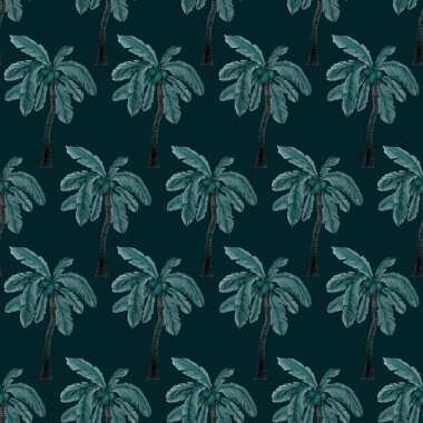 Modern tarzda palmiyeleri olan dikişsiz suluboya desen. Suluboya botanik tasarımı. Tropik renk baskısı. Egzotik tropik palmiye ağacı. Egzotik orman duvar kağıdı. Her amaç için harika bir tasarım.