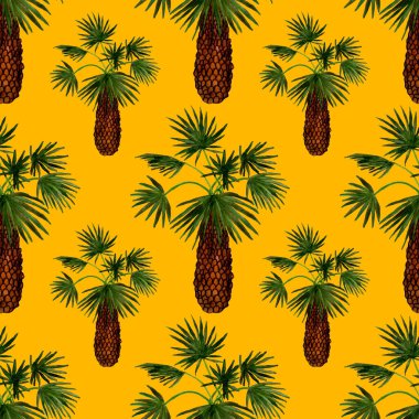 Modern tarzda palmiyeleri olan dikişsiz suluboya desen. Suluboya botanik tasarımı. Tropik renk baskısı. Egzotik tropik palmiye ağacı. Egzotik orman duvar kağıdı. Her amaç için harika bir tasarım.