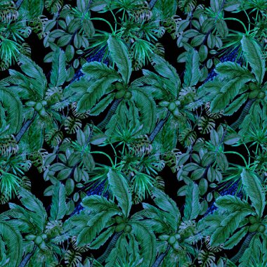 Modern tarzda palmiyeleri olan dikişsiz suluboya desen. Suluboya botanik tasarımı. Tropik renk baskısı. Egzotik tropik palmiye ağacı. Egzotik orman duvar kağıdı. Her amaç için harika bir tasarım.