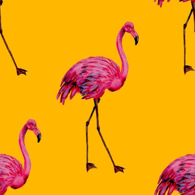 Dekorasyon tasarımı için flamingo ile harika bir suluboya deseni. Suluboya hayvani bir geçmişi var. Suluboya çizimi. Tropik illüstrasyon. Vahşi yaşamın kusursuz bir düzeni var.