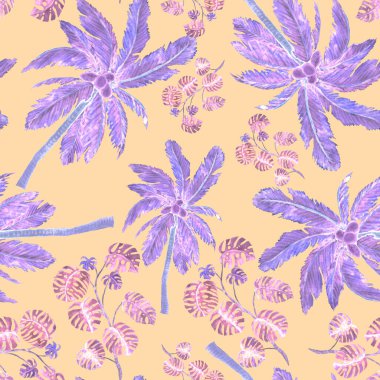 Modern tarzda palmiyeleri olan dikişsiz suluboya desen. Suluboya botanik tasarımı. Tropik renk baskısı. Egzotik tropik palmiye ağacı. Egzotik orman duvar kağıdı. Her amaç için harika bir tasarım.