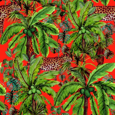 Yağmur ormanlarında leopar desenli suluboya. Avuç içi ormanları, yapraklar. Leopar kusursuz bir altyapısı var. Tropikal arka plan. Egzotik, hayvani, kusursuz desen. Moda tarzı yaz baskısı.