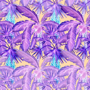 Modern tarzda palmiyeleri olan dikişsiz suluboya desen. Suluboya botanik tasarımı. Tropik renk baskısı. Egzotik tropik palmiye ağacı. Egzotik orman duvar kağıdı. Her amaç için harika bir tasarım.