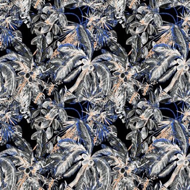 Modern tarzda palmiyeleri olan dikişsiz suluboya desen. Suluboya botanik tasarımı. Tropik renk baskısı. Egzotik tropik palmiye ağacı. Egzotik orman duvar kağıdı. Her amaç için harika bir tasarım.