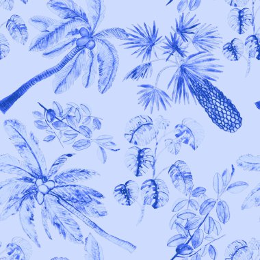 Modern tarzda palmiyeleri olan dikişsiz suluboya desen. Suluboya botanik tasarımı. Tropik renk baskısı. Egzotik tropik palmiye ağacı. Egzotik orman duvar kağıdı. Her amaç için harika bir tasarım.