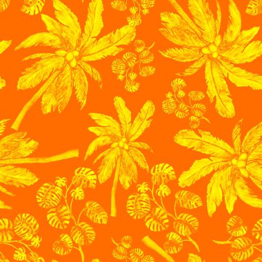 Modern tarzda palmiyeleri olan dikişsiz suluboya desen. Suluboya botanik tasarımı. Tropik renk baskısı. Egzotik tropik palmiye ağacı. Egzotik orman duvar kağıdı. Her amaç için harika bir tasarım.