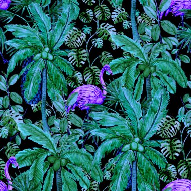 Flamingo ve palmiyeli, tropik, pürüzsüz bir desen. Suluboya çizimi. Tropik illüstrasyon. Vahşi yaşamın kusursuz bir düzeni var..