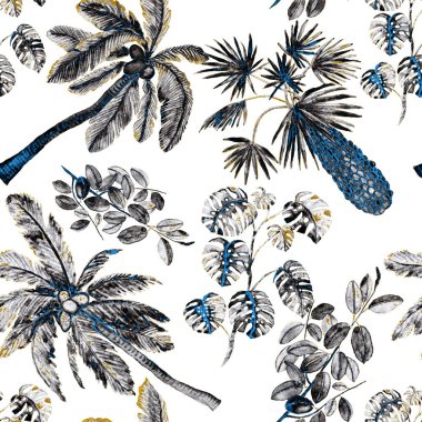 Modern tarzda palmiyeleri olan dikişsiz suluboya desen. Suluboya botanik tasarımı. Tropik renk baskısı. Egzotik tropik palmiye ağacı. Egzotik orman duvar kağıdı. Her amaç için harika bir tasarım.