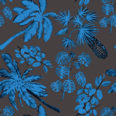 Modern tarzda palmiyeleri olan dikişsiz suluboya desen. Suluboya botanik tasarımı. Tropik renk baskısı. Egzotik tropik palmiye ağacı. Egzotik orman duvar kağıdı. Her amaç için harika bir tasarım.