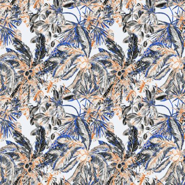 Modern tarzda palmiyeleri olan dikişsiz suluboya desen. Suluboya botanik tasarımı. Tropik renk baskısı. Egzotik tropik palmiye ağacı. Egzotik orman duvar kağıdı. Her amaç için harika bir tasarım.