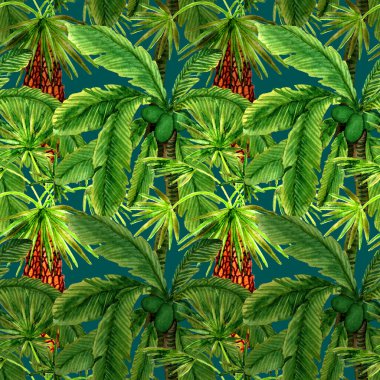 Modern tarzda palmiyeleri olan dikişsiz suluboya desen. Suluboya botanik tasarımı. Tropik renk baskısı. Egzotik tropik palmiye ağacı. Egzotik orman duvar kağıdı. Her amaç için harika bir tasarım.