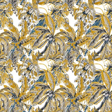 Modern tarzda palmiyeleri olan dikişsiz suluboya desen. Suluboya botanik tasarımı. Tropik renk baskısı. Egzotik tropik palmiye ağacı. Egzotik orman duvar kağıdı. Her amaç için harika bir tasarım.