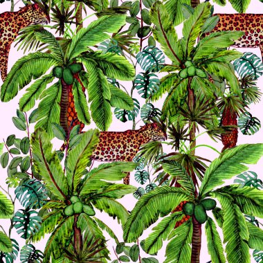 Yağmur ormanlarında leopar desenli suluboya. Avuç içi ormanları, yapraklar. Leopar kusursuz bir altyapısı var. Tropikal arka plan. Egzotik, hayvani, kusursuz desen. Moda tarzı yaz baskısı.