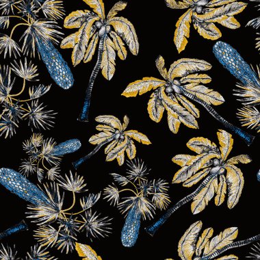 Modern tarzda palmiyeleri olan dikişsiz suluboya desen. Suluboya botanik tasarımı. Tropik renk baskısı. Egzotik tropik palmiye ağacı. Egzotik orman duvar kağıdı. Her amaç için harika bir tasarım.