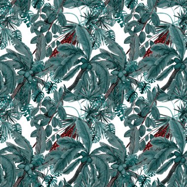 Modern tarzda palmiyeleri olan dikişsiz suluboya desen. Suluboya botanik tasarımı. Tropik renk baskısı. Egzotik tropik palmiye ağacı. Egzotik orman duvar kağıdı. Her amaç için harika bir tasarım.