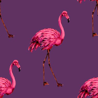 Dekorasyon tasarımı için flamingo ile harika bir suluboya deseni. Suluboya hayvani bir geçmişi var. Suluboya çizimi. Tropik illüstrasyon. Vahşi yaşamın kusursuz bir düzeni var.