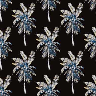 Modern tarzda palmiyeleri olan dikişsiz suluboya desen. Suluboya botanik tasarımı. Tropik renk baskısı. Egzotik tropik palmiye ağacı. Egzotik orman duvar kağıdı. Her amaç için harika bir tasarım.