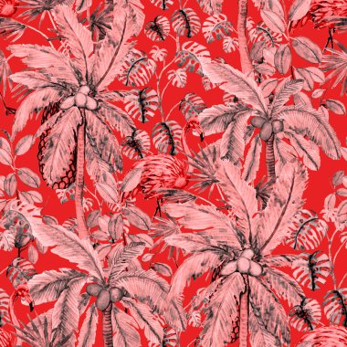 Flamingo ve palmiyeli, tropik, pürüzsüz bir desen. Suluboya çizimi. Tropik illüstrasyon. Vahşi yaşamın kusursuz bir düzeni var..