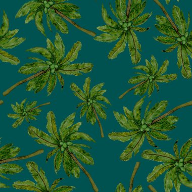 Modern tarzda palmiyeleri olan dikişsiz suluboya desen. Suluboya botanik tasarımı. Tropik renk baskısı. Egzotik tropik palmiye ağacı. Egzotik orman duvar kağıdı. Her amaç için harika bir tasarım.