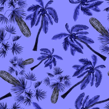 Modern tarzda palmiyeleri olan dikişsiz suluboya desen. Suluboya botanik tasarımı. Tropik renk baskısı. Egzotik tropik palmiye ağacı. Egzotik orman duvar kağıdı. Her amaç için harika bir tasarım.