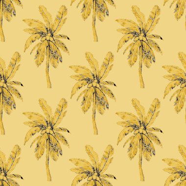 Modern tarzda palmiyeleri olan dikişsiz suluboya desen. Suluboya botanik tasarımı. Tropik renk baskısı. Egzotik tropik palmiye ağacı. Egzotik orman duvar kağıdı. Her amaç için harika bir tasarım.