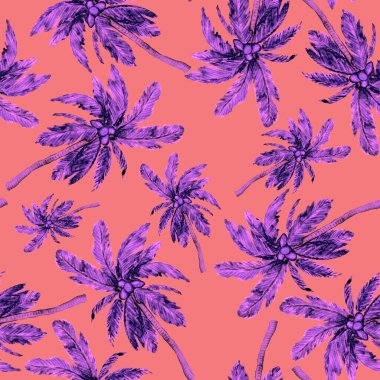 Modern tarzda palmiyeleri olan dikişsiz suluboya desen. Suluboya botanik tasarımı. Tropik renk baskısı. Egzotik tropik palmiye ağacı. Egzotik orman duvar kağıdı. Her amaç için harika bir tasarım.