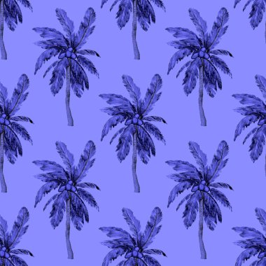 Modern tarzda palmiyeleri olan dikişsiz suluboya desen. Suluboya botanik tasarımı. Tropik renk baskısı. Egzotik tropik palmiye ağacı. Egzotik orman duvar kağıdı. Her amaç için harika bir tasarım.