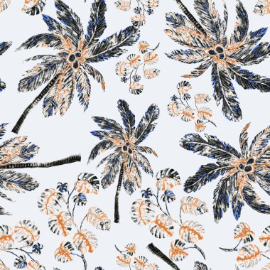 Modern tarzda palmiyeleri olan dikişsiz suluboya desen. Suluboya botanik tasarımı. Tropik renk baskısı. Egzotik tropik palmiye ağacı. Egzotik orman duvar kağıdı. Her amaç için harika bir tasarım.