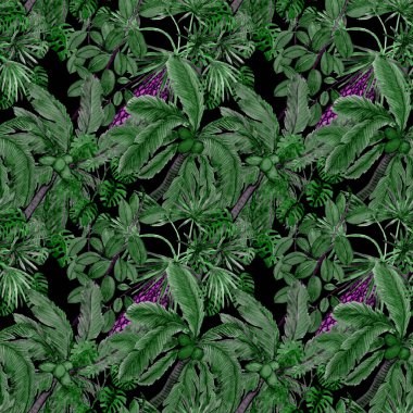 Modern tarzda palmiyeleri olan dikişsiz suluboya desen. Suluboya botanik tasarımı. Tropik renk baskısı. Egzotik tropik palmiye ağacı. Egzotik orman duvar kağıdı. Her amaç için harika bir tasarım.