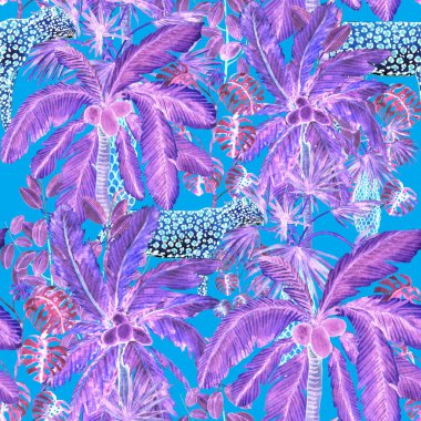 Yağmur ormanlarında leopar desenli suluboya. Avuç içi ormanları, yapraklar. Leopar kusursuz bir altyapısı var. Tropikal arka plan. Egzotik, hayvani, kusursuz desen. Moda tarzı yaz baskısı.