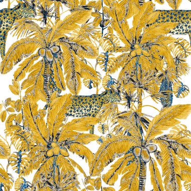 Yağmur ormanlarında leopar desenli suluboya. Avuç içi ormanları, yapraklar. Leopar kusursuz bir altyapısı var. Tropikal arka plan. Egzotik, hayvani, kusursuz desen. Moda tarzı yaz baskısı.