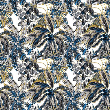 Modern tarzda palmiyeleri olan dikişsiz suluboya desen. Suluboya botanik tasarımı. Tropik renk baskısı. Egzotik tropik palmiye ağacı. Egzotik orman duvar kağıdı. Her amaç için harika bir tasarım.