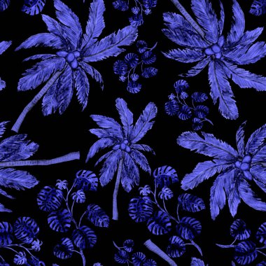 Modern tarzda palmiyeleri olan dikişsiz suluboya desen. Suluboya botanik tasarımı. Tropik renk baskısı. Egzotik tropik palmiye ağacı. Egzotik orman duvar kağıdı. Her amaç için harika bir tasarım.