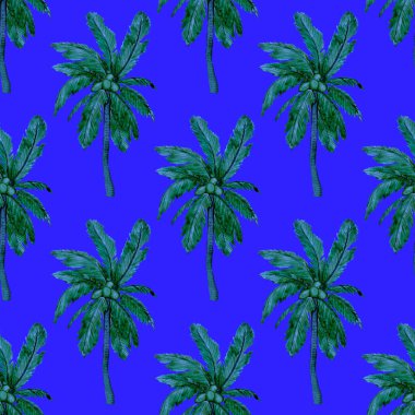 Modern tarzda palmiyeleri olan dikişsiz suluboya desen. Suluboya botanik tasarımı. Tropik renk baskısı. Egzotik tropik palmiye ağacı. Egzotik orman duvar kağıdı. Her amaç için harika bir tasarım.