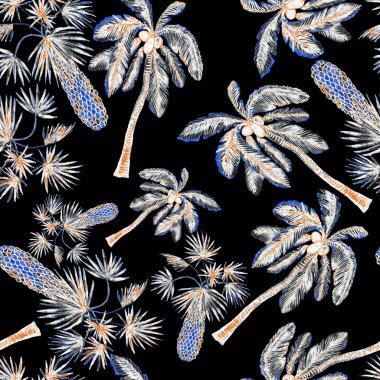 Modern tarzda palmiyeleri olan dikişsiz suluboya desen. Suluboya botanik tasarımı. Tropik renk baskısı. Egzotik tropik palmiye ağacı. Egzotik orman duvar kağıdı. Her amaç için harika bir tasarım.