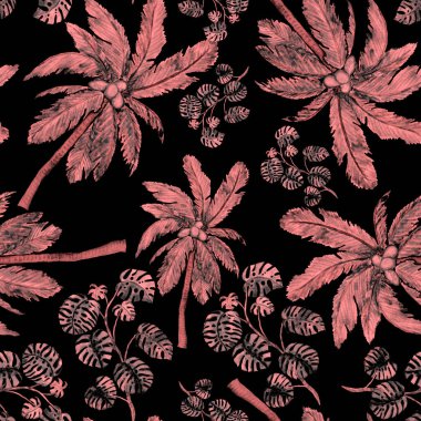 Modern tarzda palmiyeleri olan dikişsiz suluboya desen. Suluboya botanik tasarımı. Tropik renk baskısı. Egzotik tropik palmiye ağacı. Egzotik orman duvar kağıdı. Her amaç için harika bir tasarım.