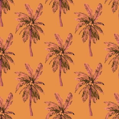 Modern tarzda palmiyeleri olan dikişsiz suluboya desen. Suluboya botanik tasarımı. Tropik renk baskısı. Egzotik tropik palmiye ağacı. Egzotik orman duvar kağıdı. Her amaç için harika bir tasarım.