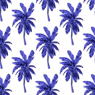 Modern tarzda palmiyeleri olan dikişsiz suluboya desen. Suluboya botanik tasarımı. Tropik renk baskısı. Egzotik tropik palmiye ağacı. Egzotik orman duvar kağıdı. Her amaç için harika bir tasarım.